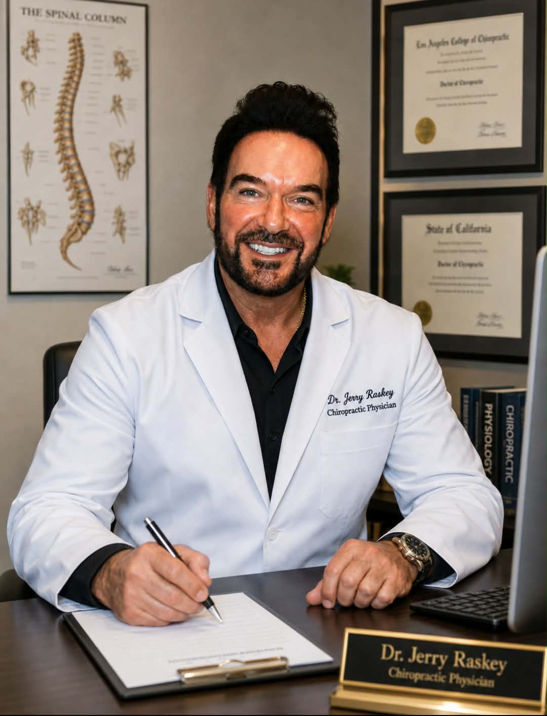 Dr. Jerry Raskey, Chiropractic Physician, smiling at his desk in his office