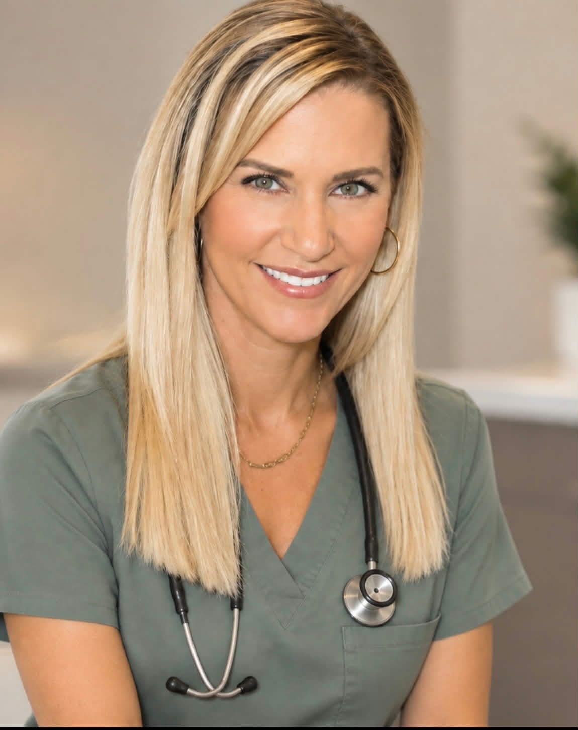Malia Jenkins, Registered Nurse and Certified Chiropractic Assistant, smiling in scrubs with a stethoscope